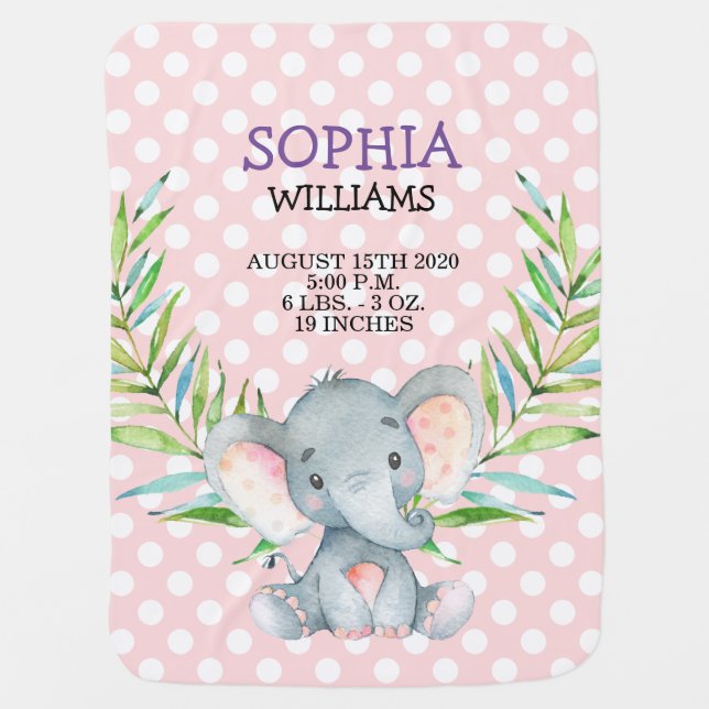 Cute Pink Elephant Girl Birth Stats Safari Jungle Baby Blanket (Front)