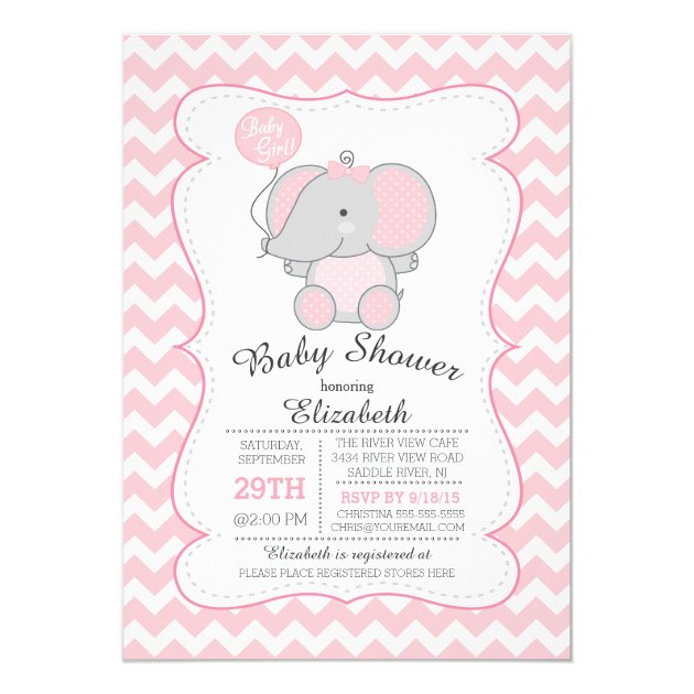 Cute Pink Elephant Girls Baby Shower Invitation