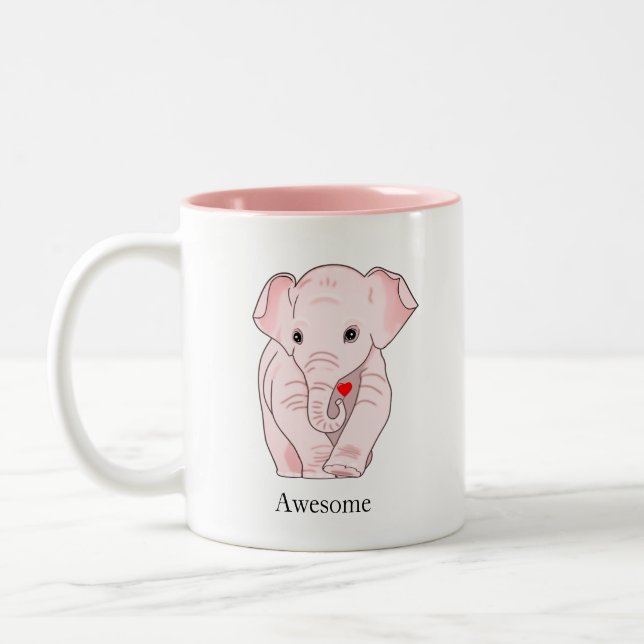 Cute Pink Elephant Holding a Heart Two-Tone Coffee Mug (Left)