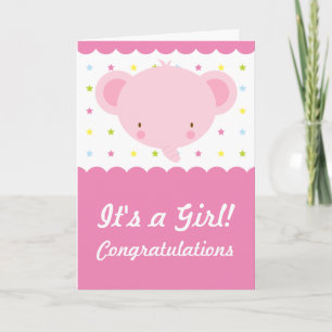 Cute Pink Elephant Its a Girl Congratulations Card