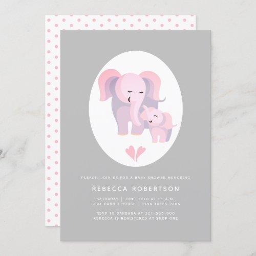 Cute pink elephant mother and baby girl shower invitation