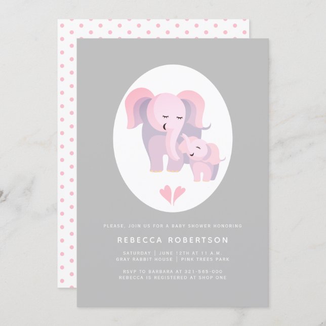 Cute pink elephant mother and baby girl shower invitation (Front/Back)