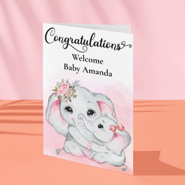 Cute Pink Elephant Mother Baby Congratulations  Card (Creator Uploaded)