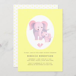 Cute pink elephant mother, baby girl shower yellow invitation