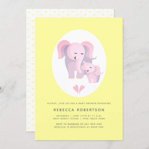 Cute pink elephant mother baby girl shower yellow invitation