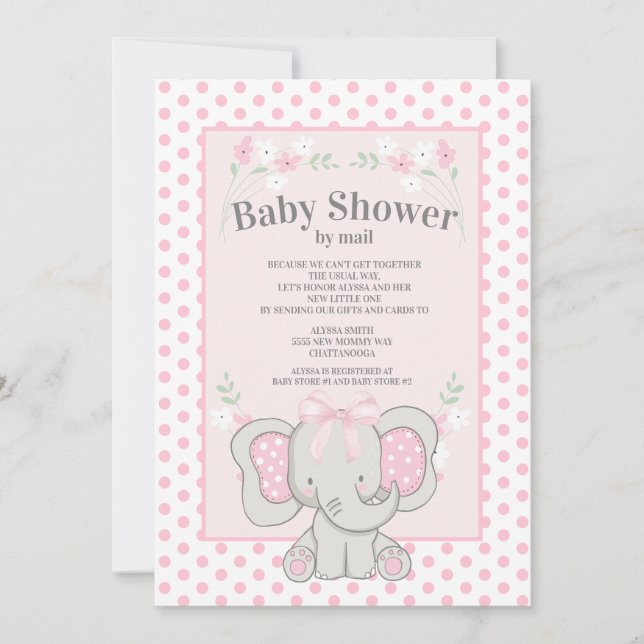 Cute Pink Elephant Polka Dots Baby Shower by Mail Invitation (Front)