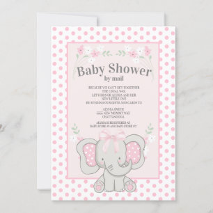 Cute Pink Elephant Polka Dots Baby Shower by Mail Invitation