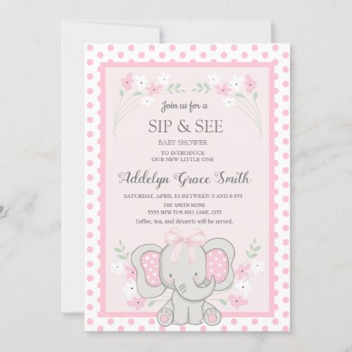 Cute Pink Elephant Polka Dots Flowers Sip See Baby Invitation