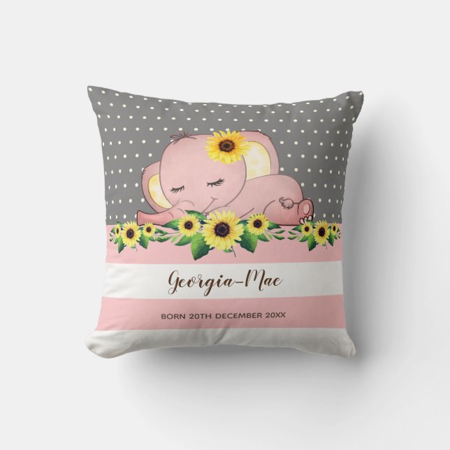 Cute Pink Elephant Sleeping on Sunflowers Nursery Throw Pillow (Front)