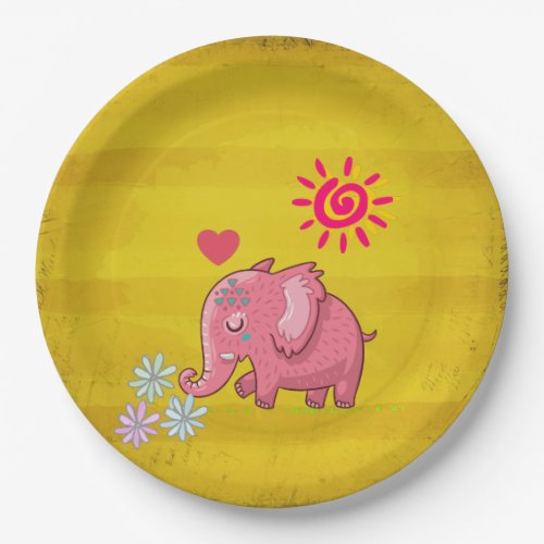 Cute Pink Elephant Smelling The Flowers With Heart Paper Plates
