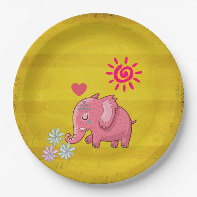 Cute Pink Elephant Smelling The Flowers With Heart Paper Plates (Front)