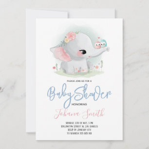 Cute Pink Elephant Watercolor Baby Shower Invitation