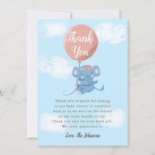 Cute Pink Elephant with Balloon Baby Shower Thank You Card