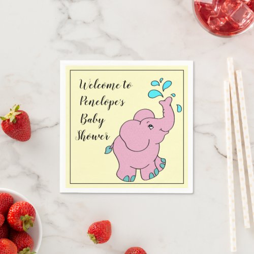 Cute Pink Elephant with Your Name Baby Shower Napkins