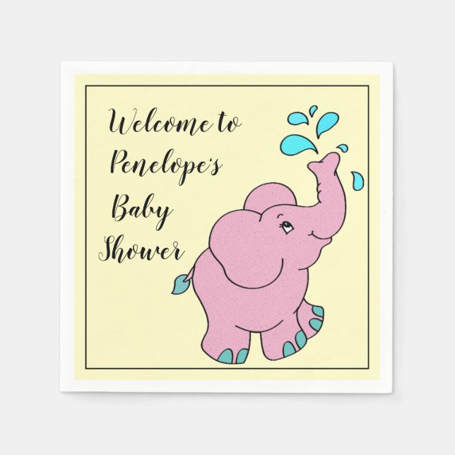 Cute Pink Elephant with Your Name Baby Shower Napkins (Front)