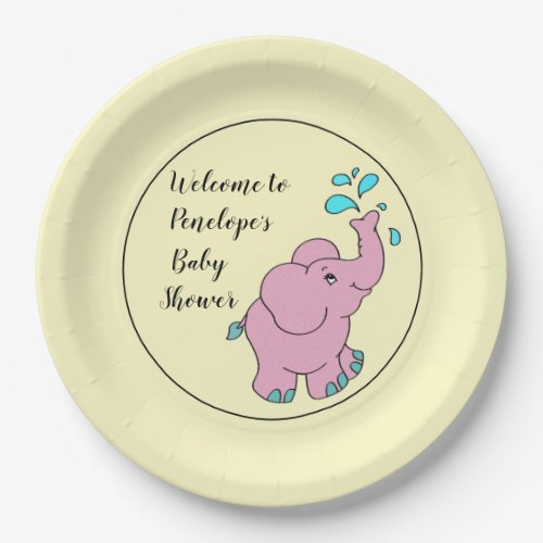 Cute Pink Elephant with Your Name Baby Shower Pape Paper Plates