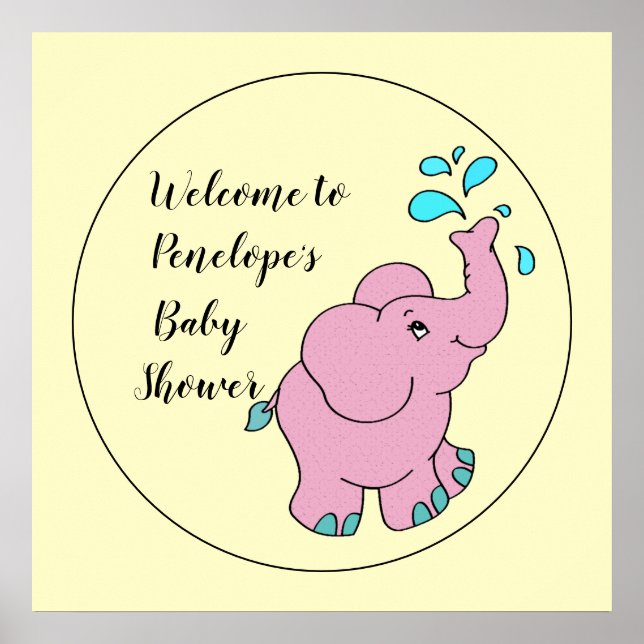 Cute Pink Elephant with Your Name Baby Shower  Poster (Front)