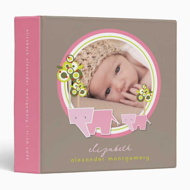 Cute Pink Elephants Family Baby Girl Photo Album 3 Ring Binder (Front/Spine)