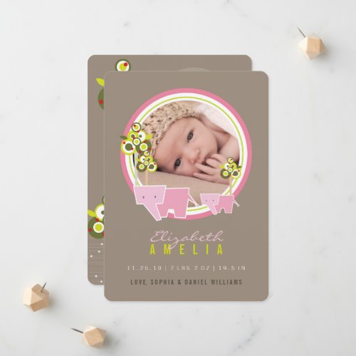 Cute Pink Elephants Family Baby Girl Photo Birth Announcement