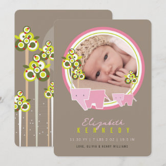 Cute Pink Elephants Family Baby Girl Photo Birth Announcement
