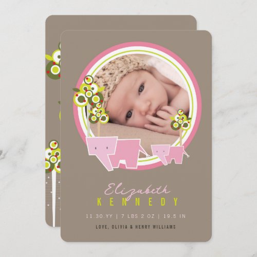 Cute Pink Elephants Family Baby Girl Photo Birth Announcement
