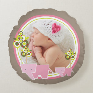 Cute Pink Elephants Forest Baby Girl Photo Round Pillow