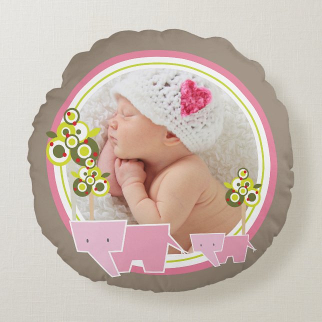 Cute Pink Elephants Forest Baby Girl Photo Round Pillow (Front)