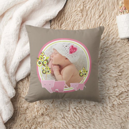 Cute Pink Elephants Forest Baby Girl Photo Throw Pillow