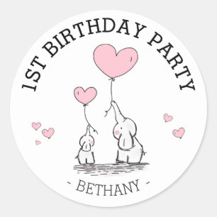 Cute Pink Elephants & Hearts   Girl 1st Birthday Classic Round Sticker