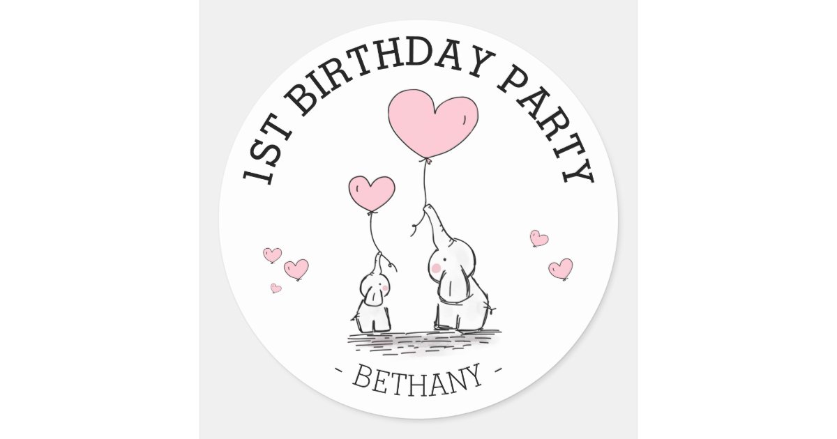 Cute Pink Elephants & Hearts | Girl 1st Birthday Classic Round Sticker ...