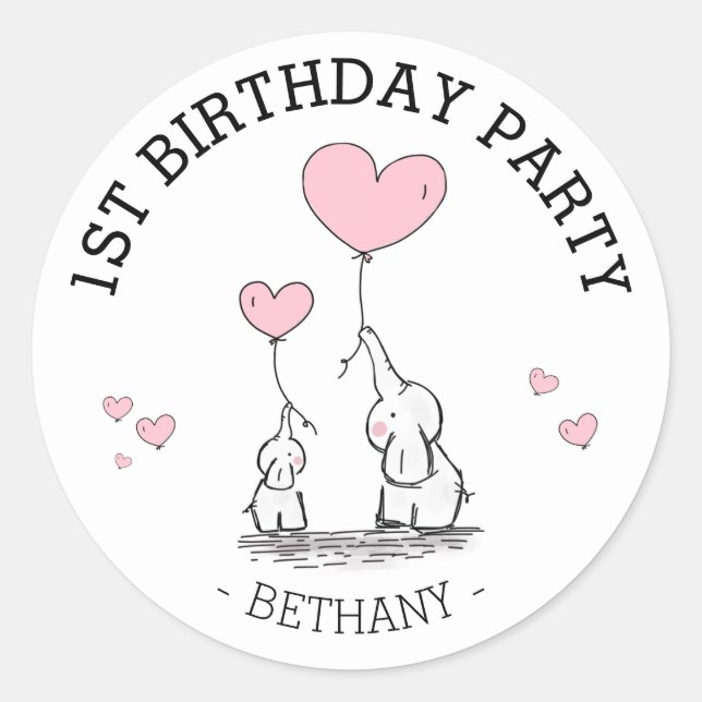 Cute Pink Elephants & Hearts | Girl 1st Birthday Classic Round Sticker (Front)