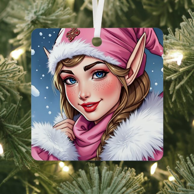 Cute Pink Elf Festive Christmas  Metal Ornament (Insitu)