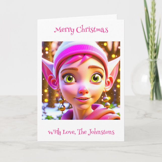 Cute Pink Elf Whimsical Personalized Christmas Card (Front)