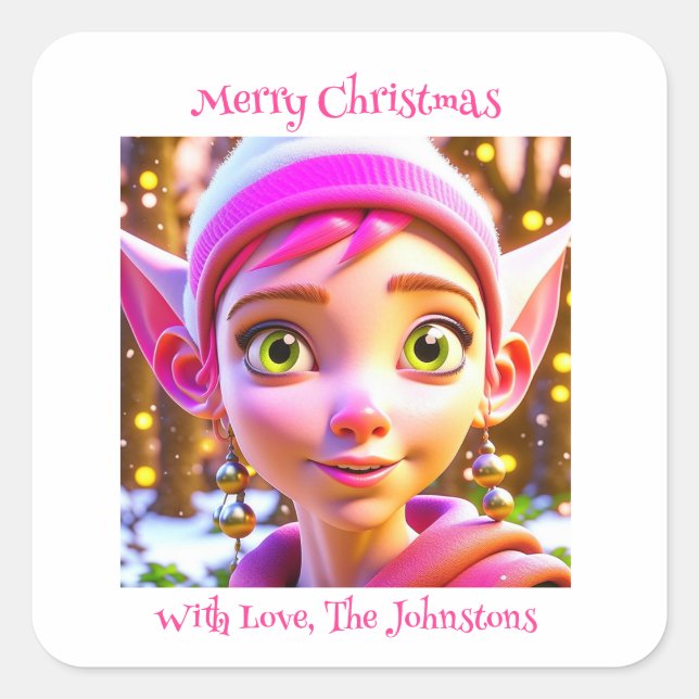 Cute Pink Elf Whimsical Personalized Christmas Square Sticker (Front)