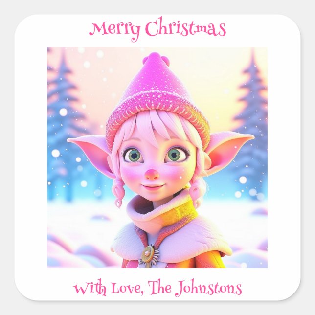 Cute Pink Elf Whimsical Personalized Christmas Square Sticker (Front)