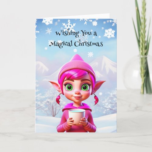 Cute Pink Elf with Coffee or Cocoa Christmas Card
