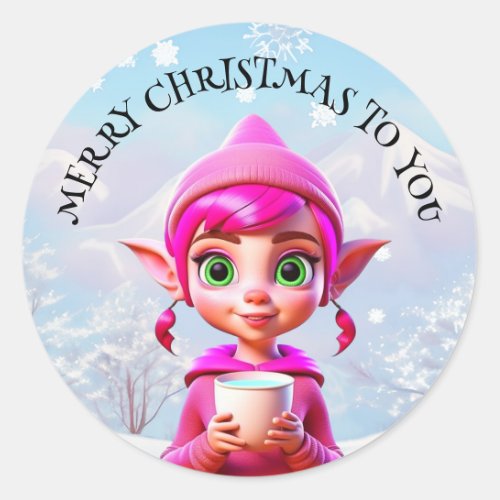 Cute Pink Elf with Coffee or Cocoa Christmas Classic Round Sticker
