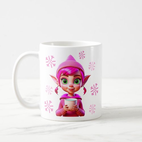 Cute Pink Elf with Coffee or Cocoa Christmas Coffee Mug