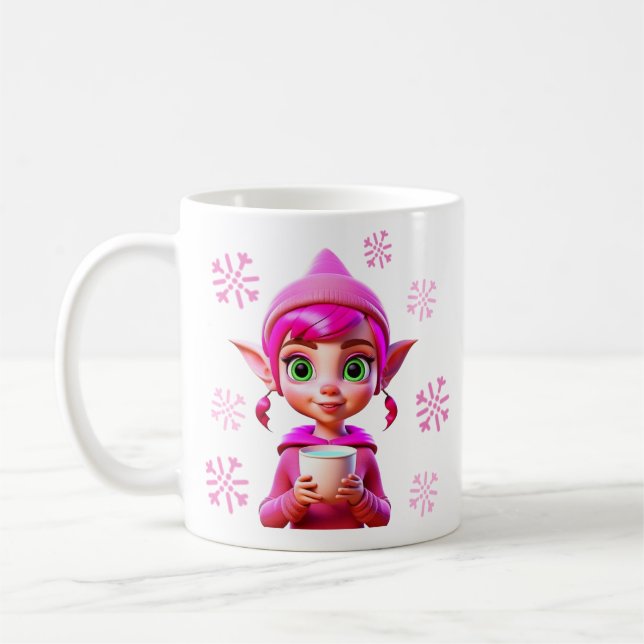Cute Pink Elf with Coffee or Cocoa Christmas Mug (Left)