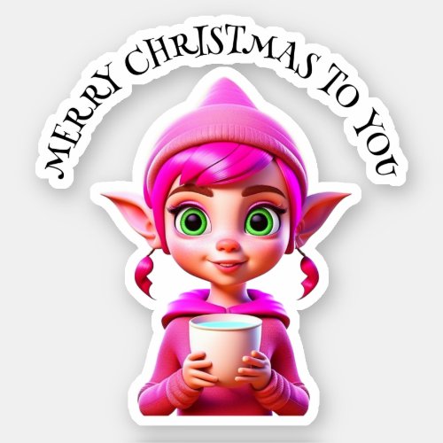 Cute Pink Elf with Coffee or Cocoa Christmas Sticker