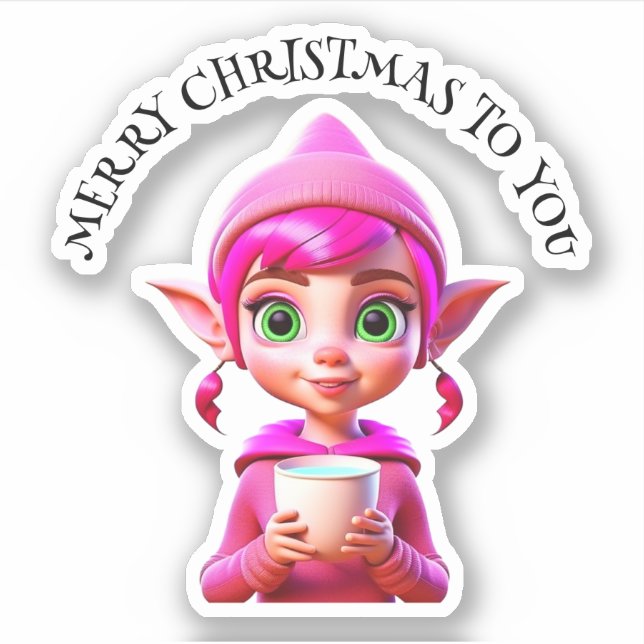 Cute Pink Elf with Coffee or Cocoa Christmas Sticker (Front)