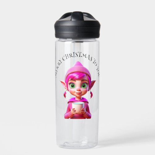 Cute Pink Elf with Coffee or Cocoa Christmas Water Bottle