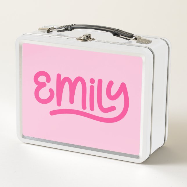 Cute Pink Emily Handwriting Typography Metal Lunch Box (Front)