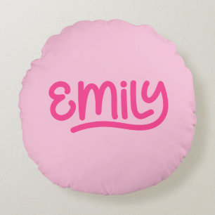 Cute Pink Emily Handwriting Typography Round Pillow