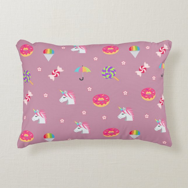cute pink emoji unicorns candies flowers lollipops decorative pillow (Front)