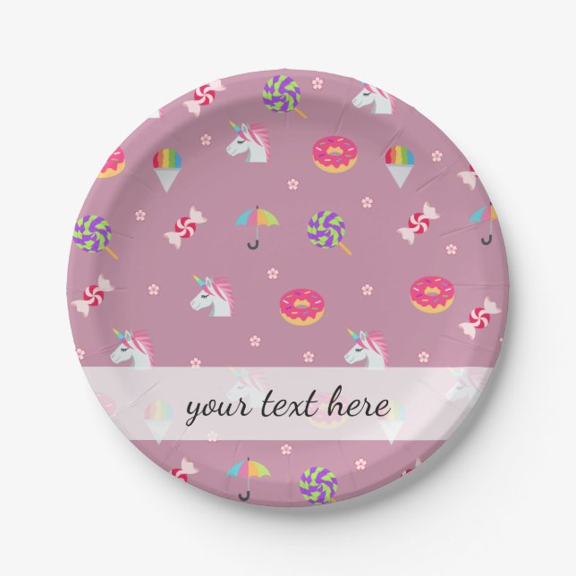 cute pink emoji unicorns candies flowers lollipops paper plates (Front)