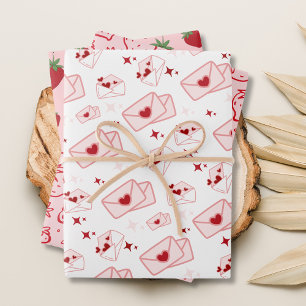 Cute Pink Envelop and Strawberries Wrapping Paper Sheets