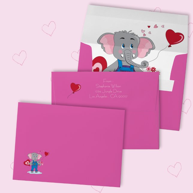 Cute Pink Envelope Cartoon Elephant and Hearts  (This cute pink envelope is perfect for Valentine's Day or baby showers . )