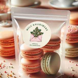 Cute Pink Envelope Holly Greenery Mele Kalikimaka  Classic Round Sticker