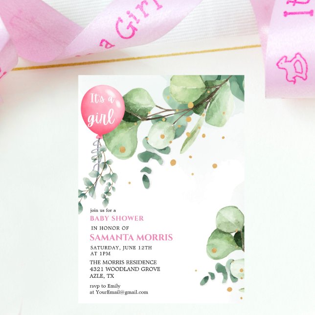 cute Pink eucalyptus Balloon It's Girl Baby Shower Invitation (Creator Uploaded)